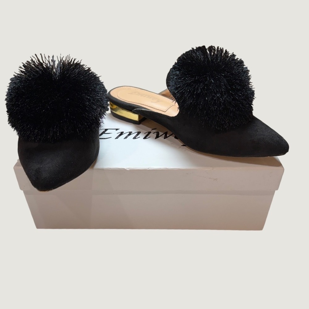 Emiwey Pom Pom Mules Size 6 Black Faux Suede Gold Metallic Heel Pointed Toe